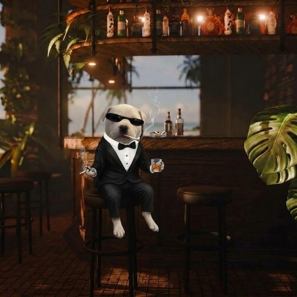 $PAWS dog on a bar stool with a whiskey and a cigarette