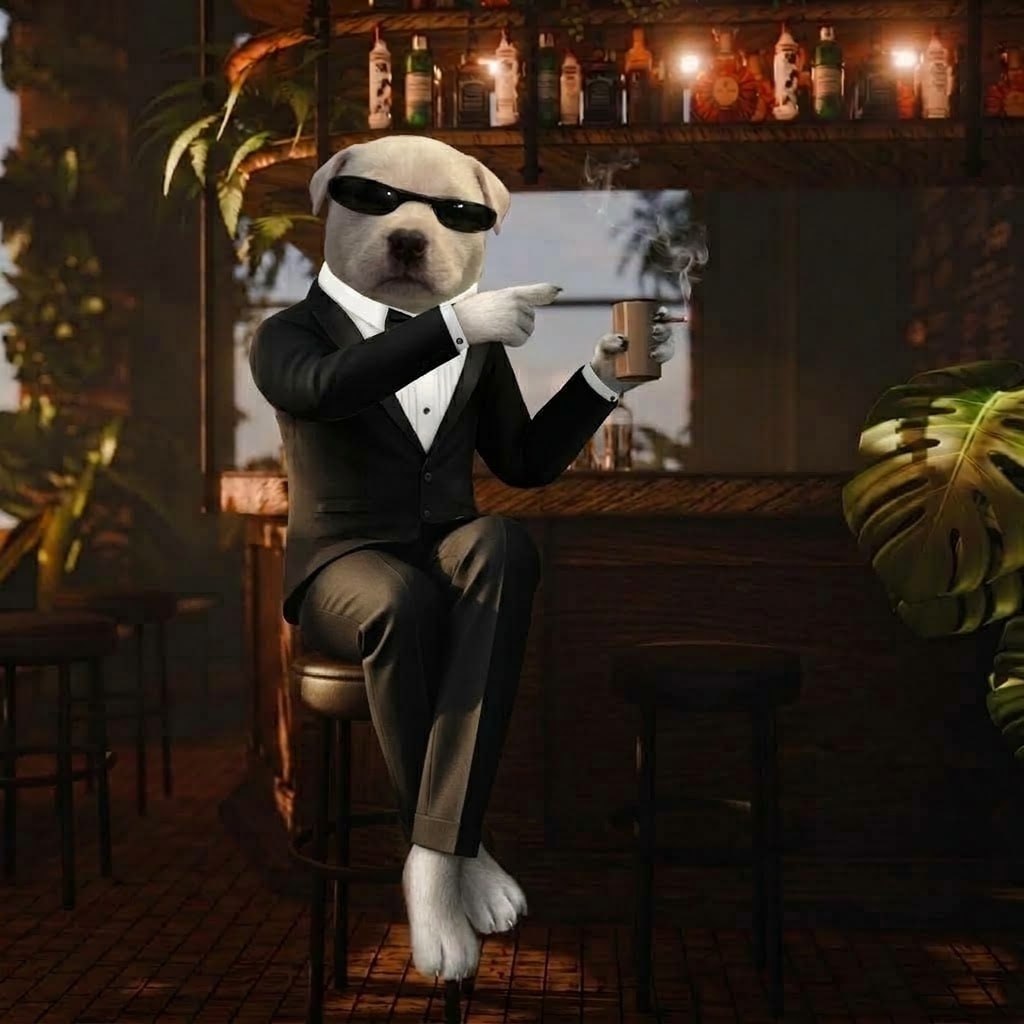 $PAWS dog pointing at you from a bar stool, holding a drink