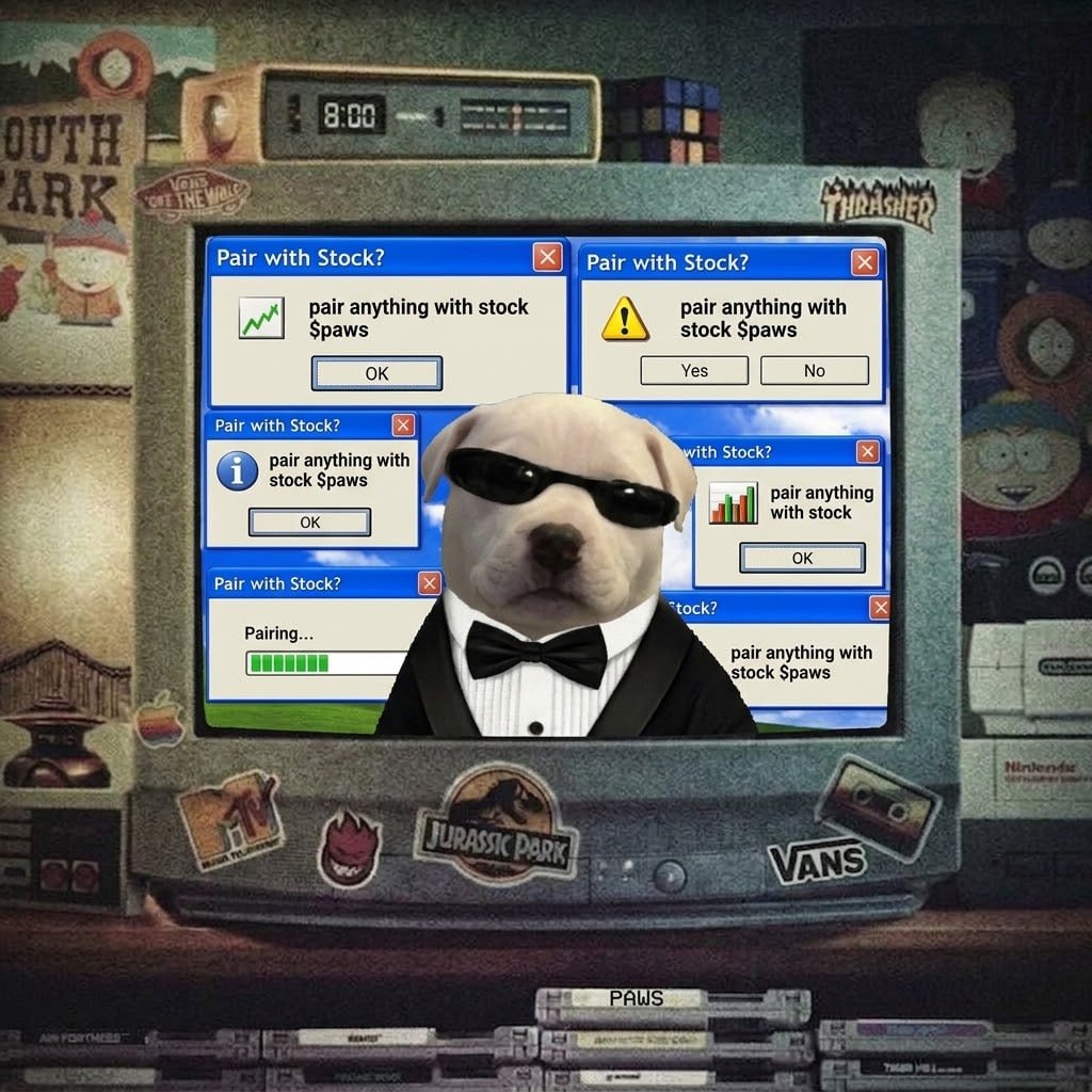 A 90s bedroom CRT showing $PAWS dog and 'pair anything with stock' dialogs