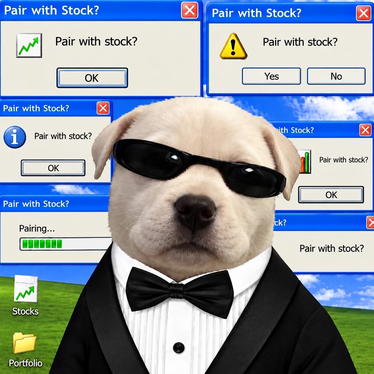 $PAWS — the dog in a tuxedo and sunglasses in front of a wall of 'Pair with stock?' dialogs