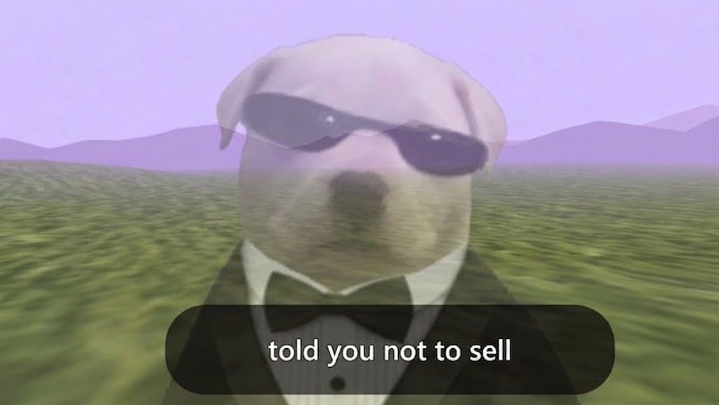 $PAWS dog staring through the screen, subtitle: told you not to sell